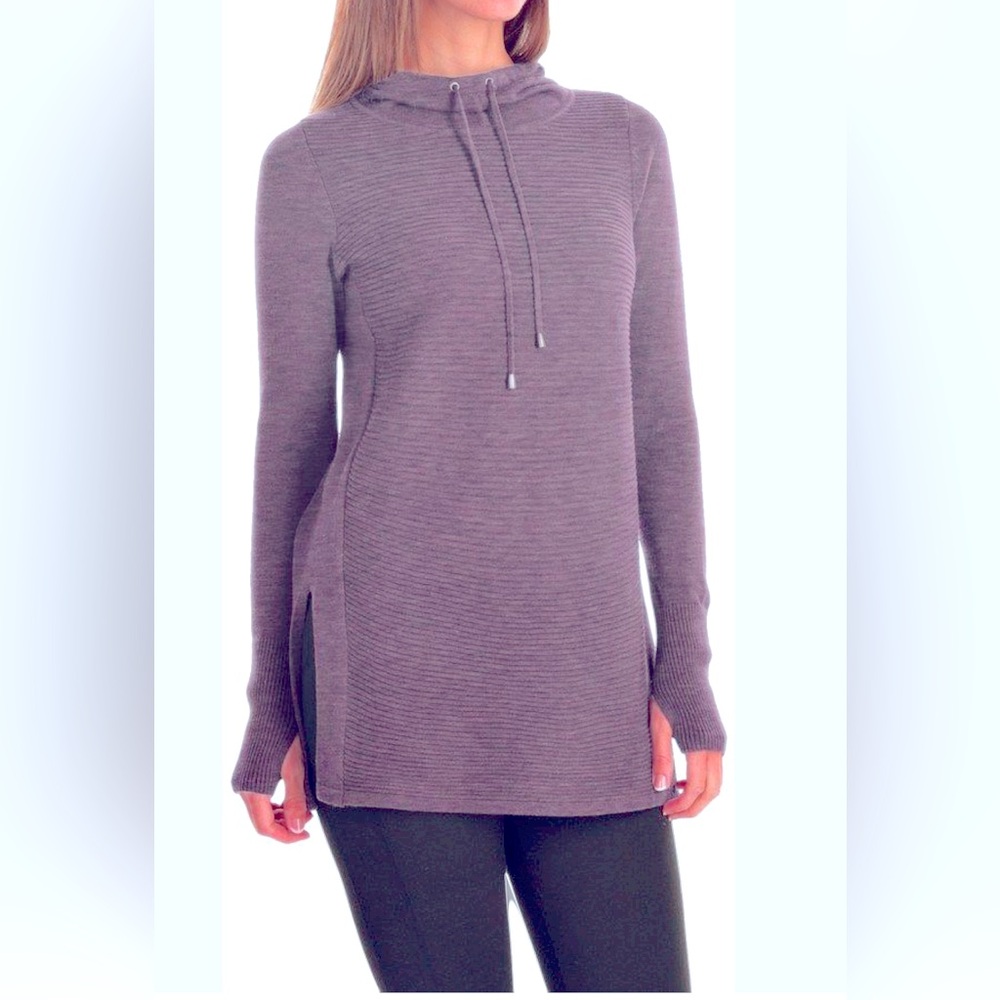 Women's Ribbed Turtleneck Sweater - Purple with Drawstrings And Thumb Holes